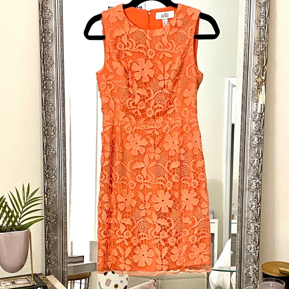 Coral lace cocktail dress